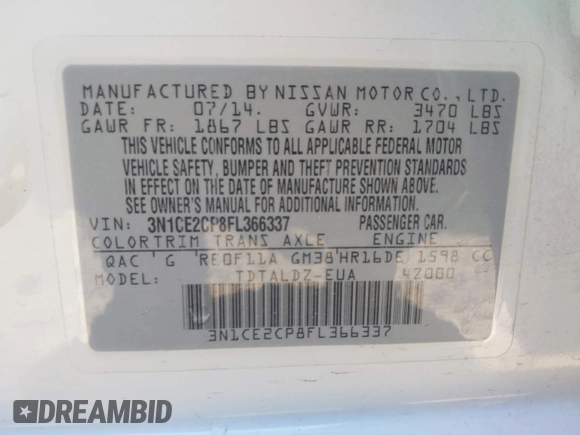 2015 Nissan Note S z VIN 3N1CE2CP8FL366337, wystawiony jako IAAI lot #42526204 z przebiegiem 146 537 mil mil oraz . Historia ofert i sprzedaży dostępna na DreamBid. Obrazek 9.