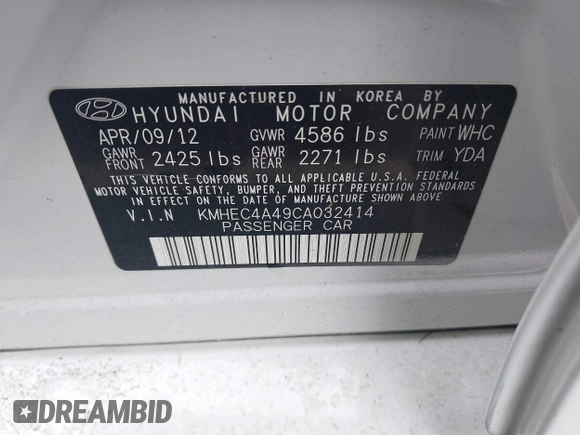 2012 Hyundai Sonata Hybrid with VIN KMHEC4A49CA032414, listed as a IAAI auction lot 42651301 with 136,603 mi miles and . Bid and sale history available at DreamBid. Image 9.