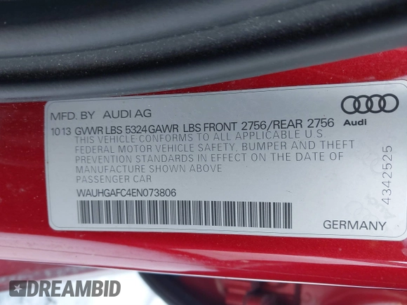2014 Audi A6 Prestige with VIN WAUHGAFC4EN073806, listed as a IAAI auction lot 41315343 with 139,193 mi miles and . Bid and sale history available at DreamBid. Image 9.