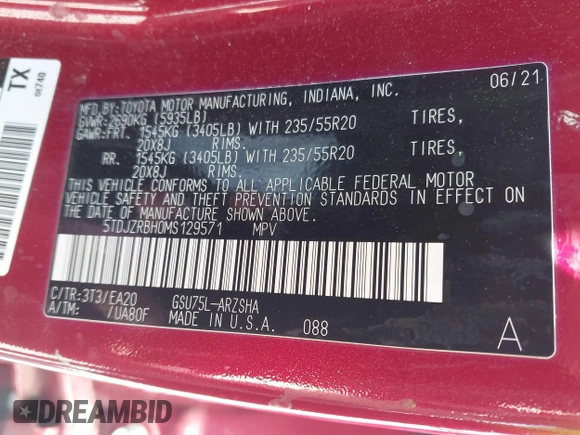 2021 Toyota Highlander XSE with VIN 5TDJZRBH0MS129571, listed as a IAAI auction lot 42285003 with 92,920 mi miles and . Bid and sale history available at DreamBid. Image 9.
