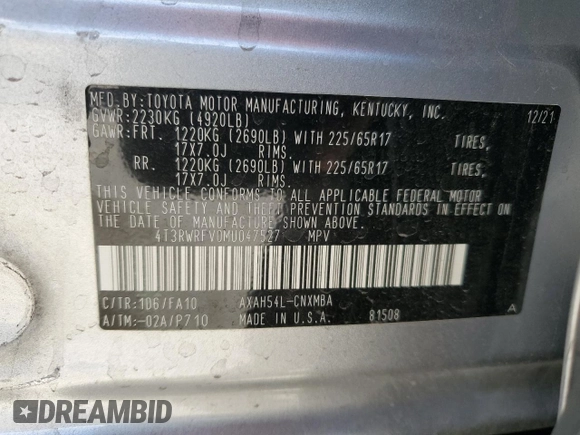 2021 Toyota RAV4 Hybrid XLE with VIN 4T3RWRFV0MU047527, listed as a Copart auction lot 49693115 with 39,433 mi miles and Salvage Title. Bid and sale history available at carsss.com. Image 13.