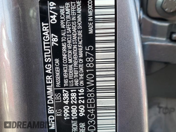 2019 Mercedes-Benz A 220 with VIN WDD3G4EB8KW018875, listed as a Copart auction lot 62552985 with 31,785 mi miles and Salvage title. Bid and sale history available at DreamBid. Image 12.