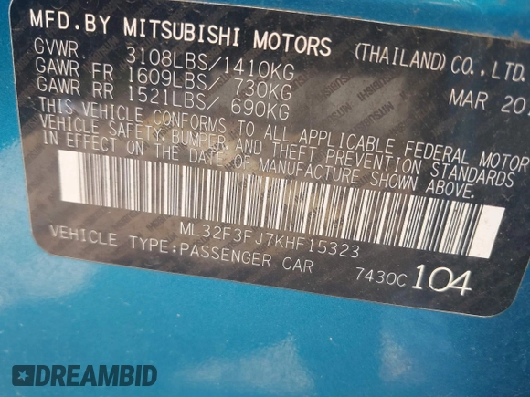2019 Mitsubishi Mirage ES z VIN ML32F3FJ7KHF15323, wystawiony jako IAAI lot #42307317 z przebiegiem 58 623 mil mil oraz . Historia ofert i sprzedaży dostępna na DreamBid. Obrazek 9.