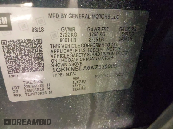 2019 GMC Acadia SLE with VIN 1GKKNSLA6KZ130006, listed as a IAAI auction lot 41390800 with 100,200 mi miles and . Bid and sale history available at DreamBid. Image 9.