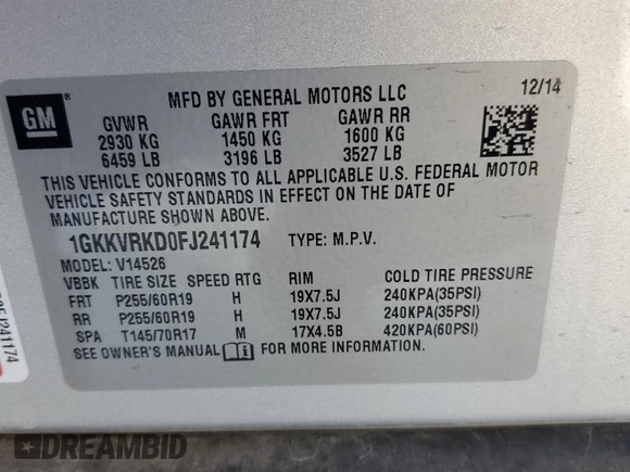 2015 GMC Acadia SLT with VIN 1GKKVRKD0FJ241174, listed as a Copart auction lot 47074245 with 179,716 mi miles and Salvage Title. Bid and sale history available at DreamBid. Image 15.