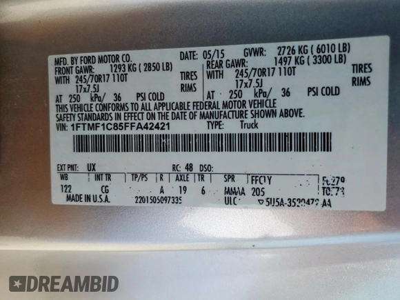 2015 Ford F-150 XL with VIN 1FTMF1C85FFA42421, listed as a Copart auction lot 54684565 with 11,429 mi miles and Clean title. Bid and sale history available at DreamBid. Image 12.
