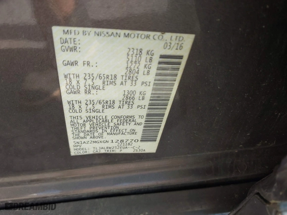 2016 Nissan Murano S with VIN 5N1AZ2MGXGN128770, listed as a IAAI auction lot 41952583 with 147,646 mi miles. Bid and sale history available at carsss.com. Image 9.