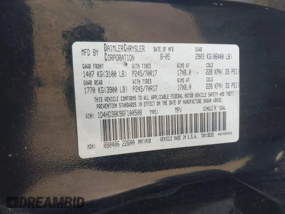 2006 Dodge Durango SXT with VIN 1D4HD38K96F100508, listed as a IAAI auction lot 42637897 with 127,919 mi miles and . Bid and sale history available at DreamBid. Image 9.