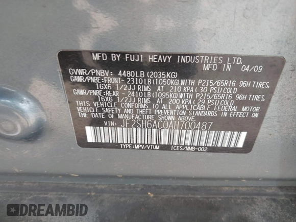 2010 Subaru Forester X с VIN JF2SH6AC0AH700487, выставлен на аукционе IAAI как лот 42374126 с пробегом 93 207 миль миль и . История ставок и продаж доступна на DreamBid. Изображение 9.