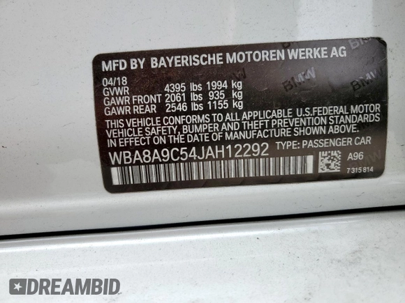 2018 BMW 3 Series 320i with VIN WBA8A9C54JAH12292, listed as a Copart auction lot 46130525 with 33,012 mi miles and Salvage Title. Bid and sale history available at carsss.com. Image 12.
