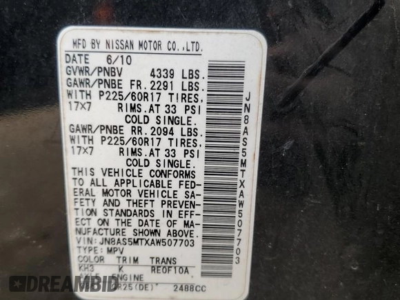 2010 Nissan Rogue S with VIN JN8AS5MTXAW507703, listed as a Copart auction lot 49091615 with 306,367 mi miles and Salvage Title. Bid and sale history available at DreamBid. Image 13.