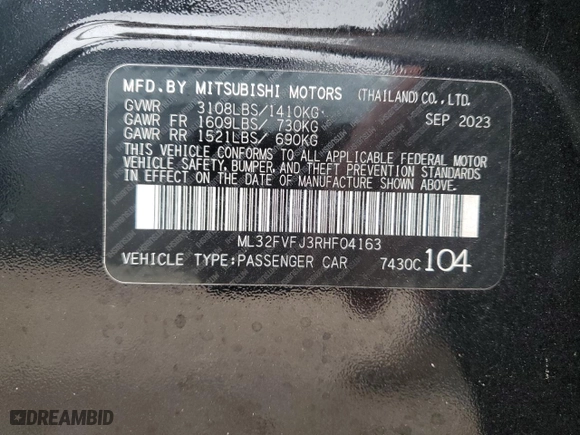 2024 Mitsubishi Mirage G4 SE with VIN ML32FVFJ3RHF04163, listed as a Copart auction lot 43571705 with 8,731 mi miles and Salvage Title. Bid and sale history available at carsss.com. Image 13.