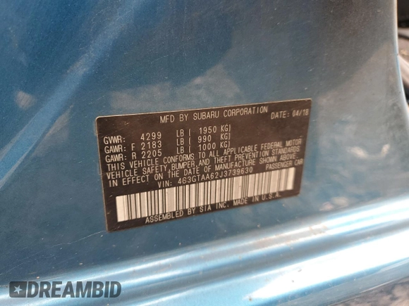2018 Subaru Impreza с VIN 4S3GTAA62J3739630, выставлен на аукционе Copart как лот 58700265 с пробегом Не указан миль и Списание • Salvage title. История ставок и продаж доступна на DreamBid. Изображение 12.