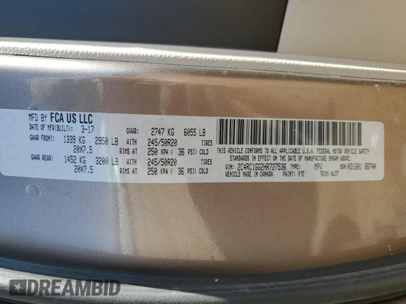 2017 Chrysler Pacifica Limited with VIN 2C4RC1GG2HR727536, listed as a Copart auction lot 51198855 with 108,494 mi miles and Salvage Title. Bid and sale history available at DreamBid. Image 13.