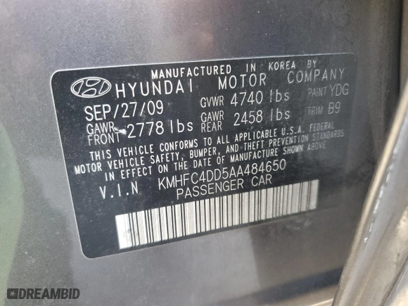 2010 Hyundai Azera GLS with VIN KMHFC4DD5AA484650, listed as a Copart auction lot 46832605 with 206,784 mi miles and Salvage Title. Bid and sale history available at carsss.com. Image 12.