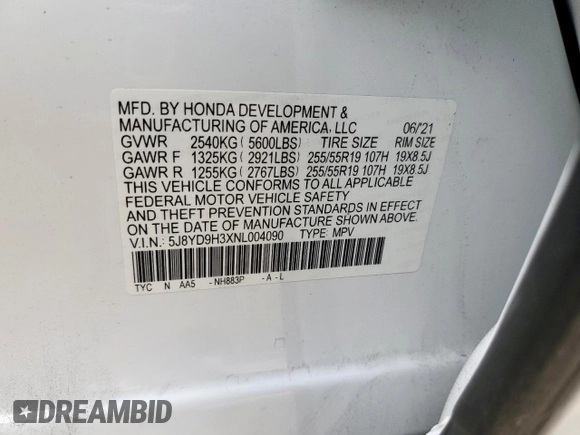 2022 Acura MDX with VIN 5J8YD9H3XNL004090, listed as a Copart auction lot 60478025 with 45,041 mi miles and Salvage title. Bid and sale history available at DreamBid. Image 13.