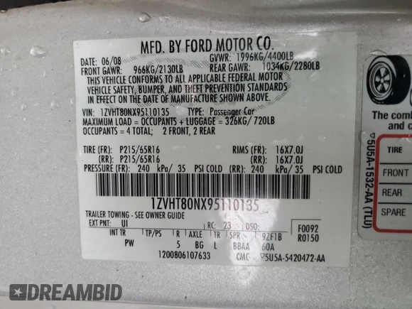 2009 Ford Mustang with VIN 1ZVHT80NX95110135, listed as a Copart auction lot 45482985 with Not provided miles and Salvage title. Bid and sale history available at DreamBid. Image 13.