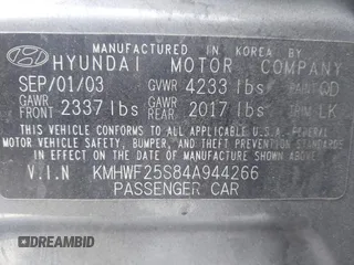 2004 Hyundai Sonata with VIN KMHWF25S84A944266, listed as a IAAI auction lot 41723386 with 159,849 mi miles. Bid and sale history available at carsss.com. Image 9.