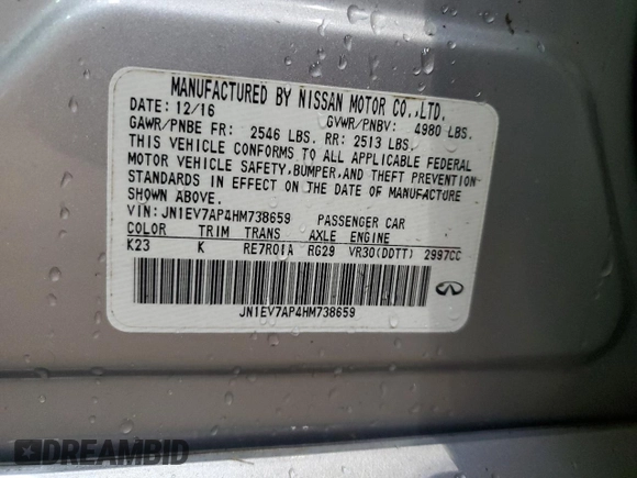 2017 Infiniti Q50 Signature Edition with VIN JN1EV7AP4HM738659, listed as a Copart auction lot 63896853 with 71,918 mi miles and Salvage title. Bid and sale history available at DreamBid. Image 15.