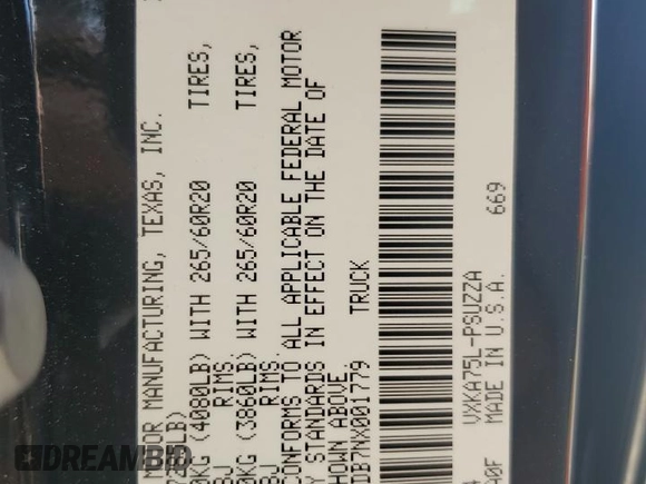 2022 Toyota Tundra 1794 Edition with VIN 5TFMA5DB7NX001779, listed as a Copart auction lot 55788825 with 51,582 mi miles and Salvage title. Bid and sale history available at DreamBid. Image 12.