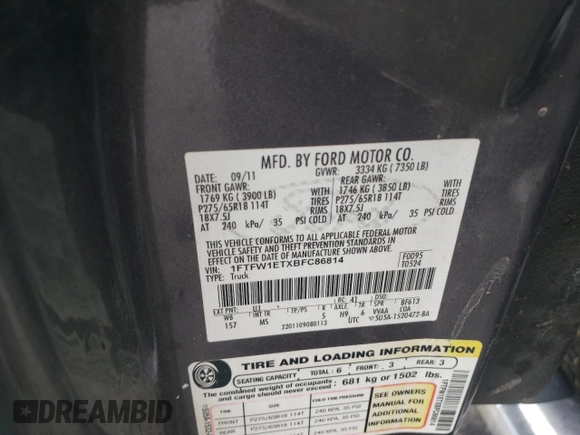 2011 Ford F-150 XLT with VIN 1FTFW1ETXBFC86814, listed as a Copart auction lot 50902165 with Not Provided miles and Salvage Title. Bid and sale history available at carsss.com. Image 12.