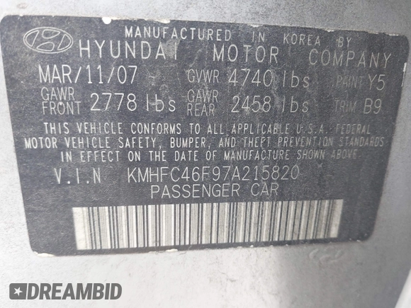 2007 Hyundai Azera SE with VIN KMHFC46F97A215820, listed as a IAAI auction lot 42120029 with 211,069 mi miles. Bid and sale history available at carsss.com. Image 9.