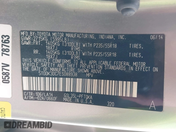 2014 Toyota Sienna Limited with VIN 5TDDK3DC7ES088938, listed as a IAAI auction lot 41885658 with 105,758 mi miles and . Bid and sale history available at DreamBid. Image 9.