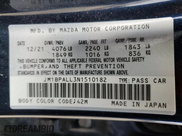 2022 Mazda Mazda3 Hatchback Preferred with VIN JM1BPALL3N1510182, listed as a Copart auction lot 70584142 with 16,976 mi miles. Bid and sale history available at carsss.com. Image 12.