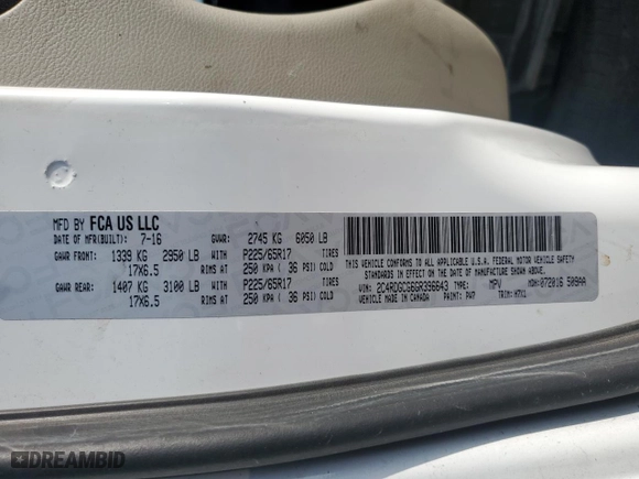2016 Dodge Grand Caravan SXT with VIN 2C4RDGCG6GR396643, listed as a Copart auction lot 43816165 with 96,588 mi miles and Salvage Title. Bid and sale history available at carsss.com. Image 13.