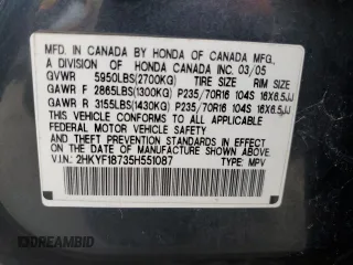 2005 Honda Pilot EX-L z VIN 2HKYF18735H551087, wystawiony jako Copart lot #53953665 z przebiegiem Nie podano mil oraz Szkoda całkowita • Salvage title. Historia ofert i sprzedaży dostępna na DreamBid. Obrazek 14.