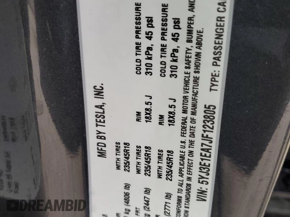 2018 Tesla Model 3 Long Range Battery z VIN 5YJ3E1EA7JF123805, wystawiony jako Copart lot #56034325 z przebiegiem 90 249 mil mil oraz Szkoda całkowita • Salvage title. Historia ofert i sprzedaży dostępna na DreamBid. Obrazek 12.