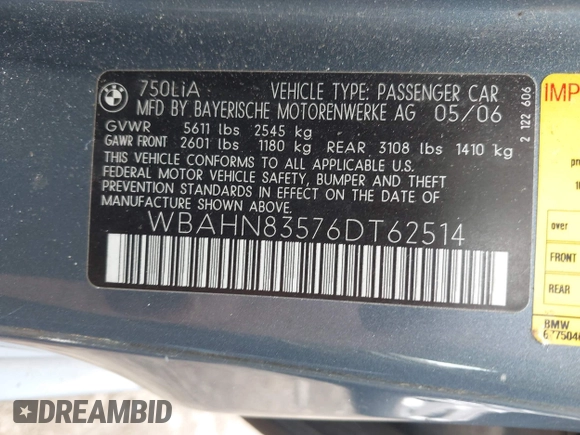 2006 BMW 7 Series 750Li z VIN WBAHN83576DT62514, wystawiony jako IAAI lot #42657343 z przebiegiem Nie podano mil oraz . Historia ofert i sprzedaży dostępna na DreamBid. Obrazek 9.