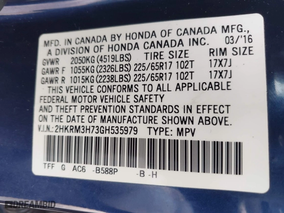 2016 Honda CR-V EX-L with VIN 2HKRM3H73GH535979, listed as a IAAI auction lot 41491448 with 100,700 mi miles. Bid and sale history available at carsss.com. Image 9.