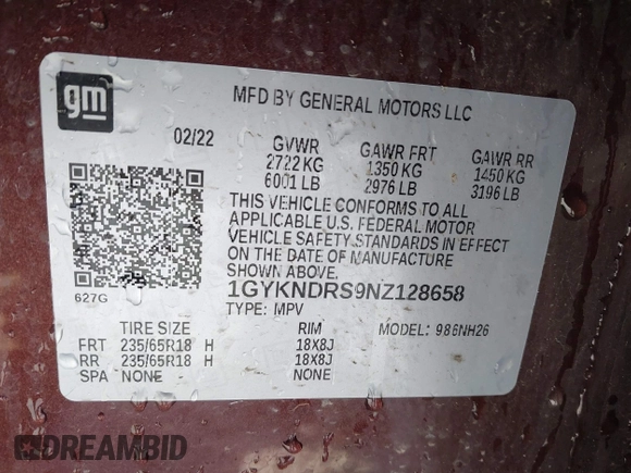 2022 Cadillac XT5 AWD Premium Luxury with VIN 1GYKNDRS9NZ128658, listed as a IAAI auction lot 41330193 with 34,361 mi miles and . Bid and sale history available at DreamBid. Image 9.