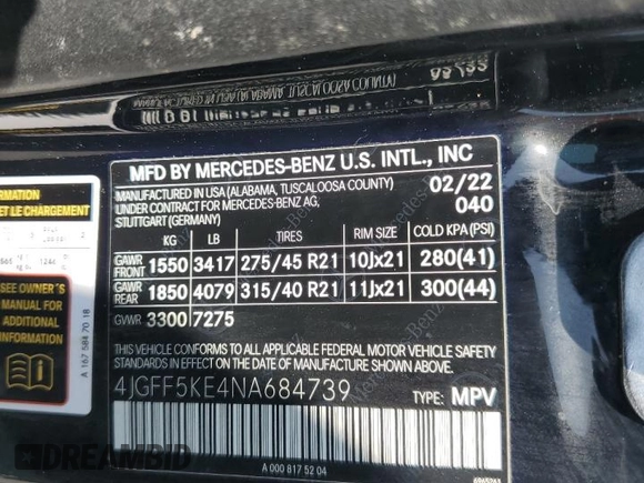 2022 Mercedes-Benz GLS 450 with VIN 4JGFF5KE4NA684739, listed as a Copart auction lot 63518295 with Not provided miles and Salvage title. Bid and sale history available at DreamBid. Image 14.