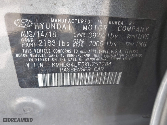 2019 Hyundai Elantra Preferred with VIN KMHD84LF5KU752284, listed as a IAAI auction lot 42011404 with 88,327 mi miles. Bid and sale history available at carsss.com. Image 9.