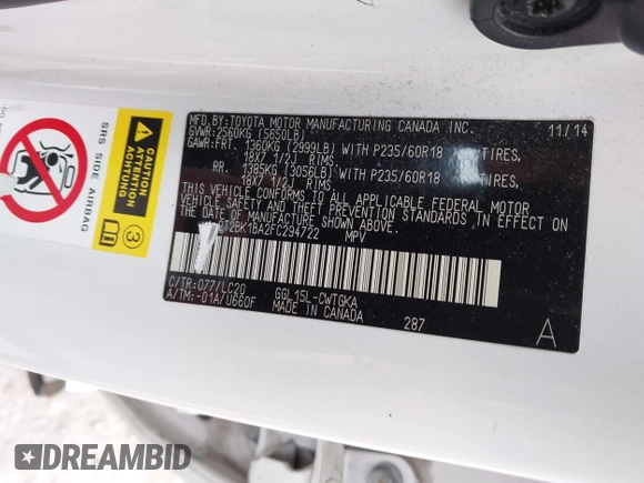 2015 Lexus RX 350 with VIN 2T2BK1BA2FC294722, listed as a IAAI auction lot 42019871 with 76,335 mi miles and . Bid and sale history available at DreamBid. Image 9.