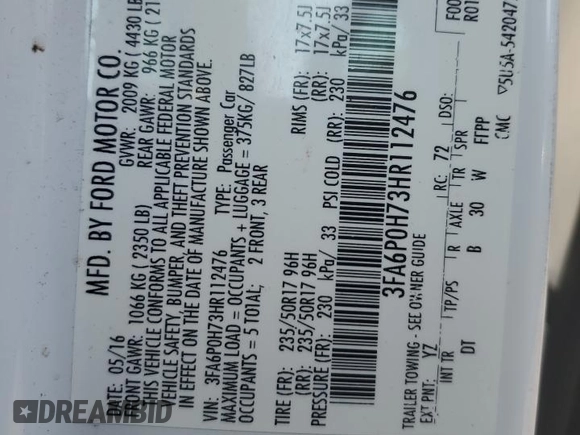 2017 Ford Fusion SE z VIN 3FA6P0H73HR112476, wystawiony jako Copart lot #62946945 z przebiegiem 33 907 mil mil oraz Szkoda całkowita • Salvage title. Historia ofert i sprzedaży dostępna na DreamBid. Obrazek 12.