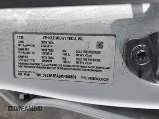 2021 Tesla Model 3 Standard Range Plus with VIN 5YJ3E1EA0MF858839, listed as a Copart auction lot 43784445 with 109,772 mi miles and Salvage Title. Bid and sale history available at DreamBid. Image 14.