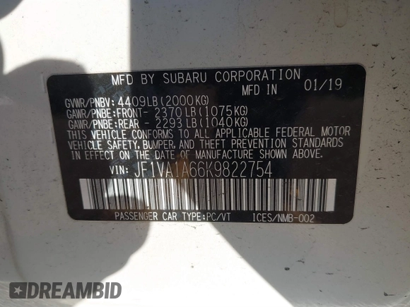 2019 Subaru WRX with VIN JF1VA1A66K9822754, listed as a IAAI auction lot 41411737 with 61,217 mi miles and . Bid and sale history available at DreamBid. Image 9.