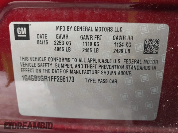 2015 Buick LaCrosse Leather with VIN 1G4GB5GR1FF296173, listed as a IAAI auction lot 41611401 with 56,673 mi miles and . Bid and sale history available at DreamBid. Image 9.