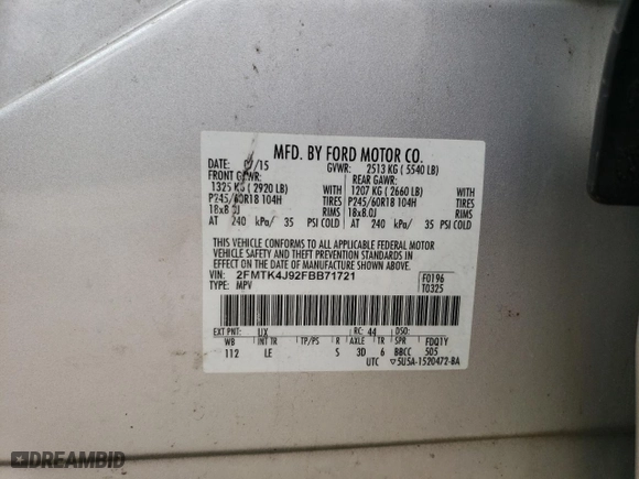 2015 Ford Edge SEL with VIN 2FMTK4J92FBB71721, listed as a Copart auction lot 54348125 with 136,931 mi miles and Salvage Title. Bid and sale history available at carsss.com. Image 13.
