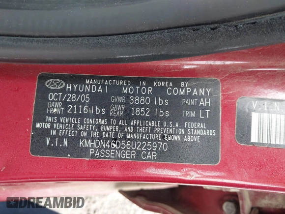 2006 Hyundai Elantra GLS z VIN KMHDN46D56U225970, wystawiony jako IAAI lot #42228759 z przebiegiem 320 888 mil mil oraz . Historia ofert i sprzedaży dostępna na DreamBid. Obrazek 9.