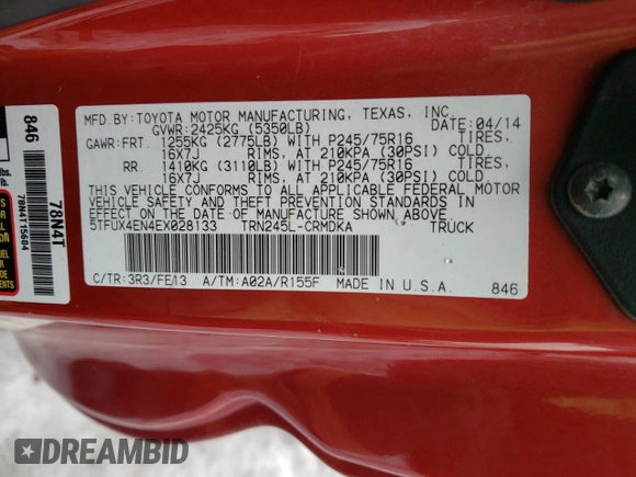 2014 Toyota Tacoma with VIN 5TFUX4EN4EX028133, listed as a Copart auction lot 43787235 with 102,799 mi miles and Salvage title. Bid and sale history available at DreamBid. Image 12.