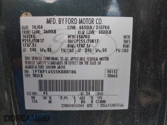 2005 Ford F-150 XL with VIN 1FTRF14555KB88186, listed as a IAAI auction lot 41815601 with 195,049 mi miles. Bid and sale history available at carsss.com. Image 9.