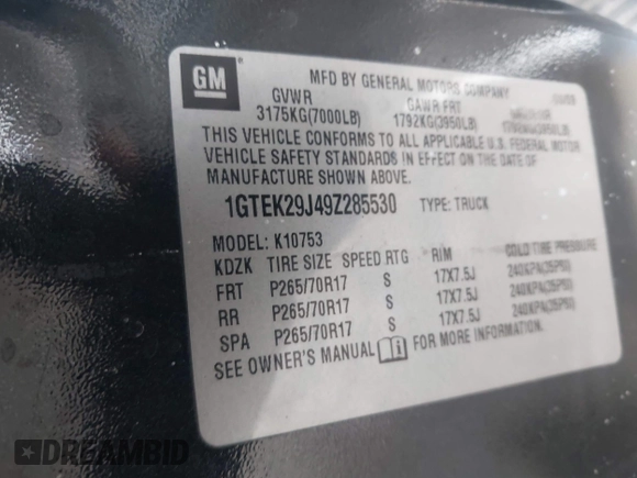 2009 GMC Sierra 1500 SLE with VIN 1GTEK29J49Z285530, listed as a IAAI auction lot 41419482 with Not Provided miles. Bid and sale history available at carsss.com. Image 9.