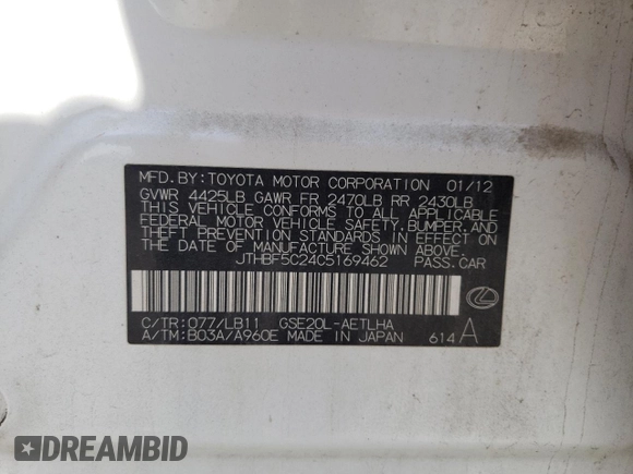 2012 Lexus IS 250 with VIN JTHBF5C24C5169462, listed as a Copart auction lot 61063465 with 147,827 mi miles and Salvage title. Bid and sale history available at DreamBid. Image 12.