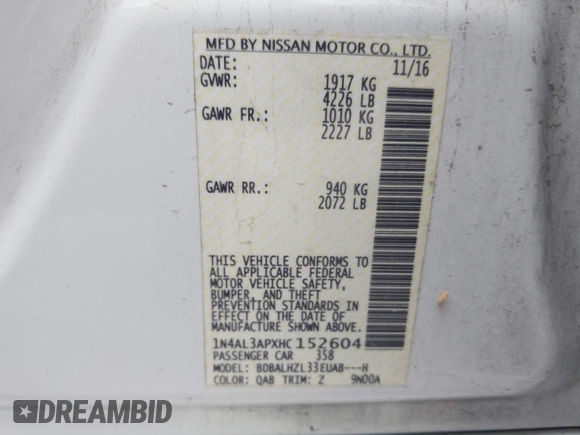 2017 Nissan Altima SR with VIN 1N4AL3APXHC152604, listed as a IAAI auction lot 41978787 with 104,268 mi miles and . Bid and sale history available at DreamBid. Image 9.