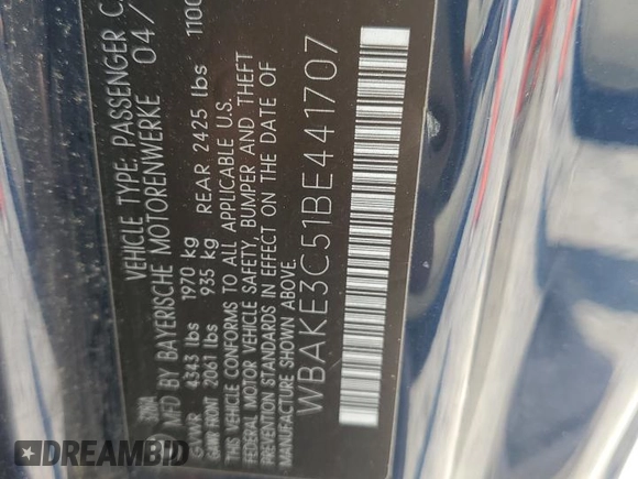 2011 BMW 3 Series 328i with VIN WBAKE3C51BE441707, listed as a Copart auction lot 62581005 with 132,115 mi miles and Salvage title. Bid and sale history available at DreamBid. Image 12.