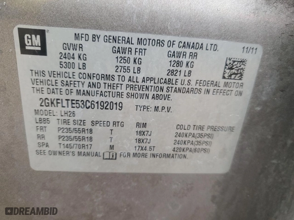2012 GMC Terrain SLE-2 with VIN 2GKFLTE53C6192019, listed as a Copart auction lot 47835705 with 232,803 mi miles and Salvage Title. Bid and sale history available at carsss.com. Image 12.